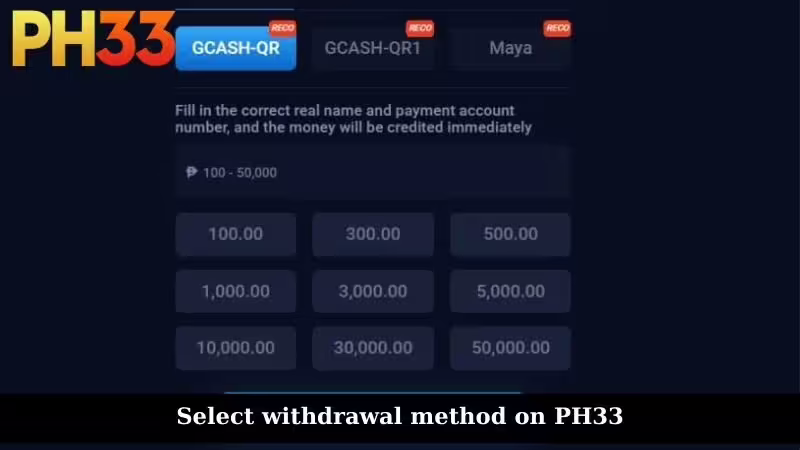 Select withdrawal method on PH33